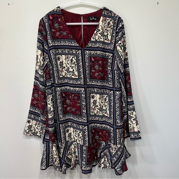 Lulus Dresses & Skirts - Lulu's Burgundy, Cream & Navy Patchwork Floral Ruffle-Hem Mini Dress